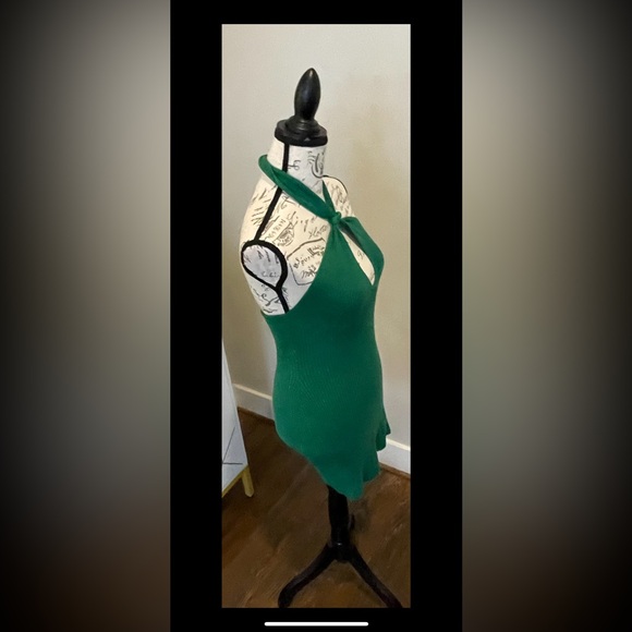 Green Ribbed Knit Crossover Halter Bodycon Mini Dress Women's Small AJ Luxury - Picture 3 of 9